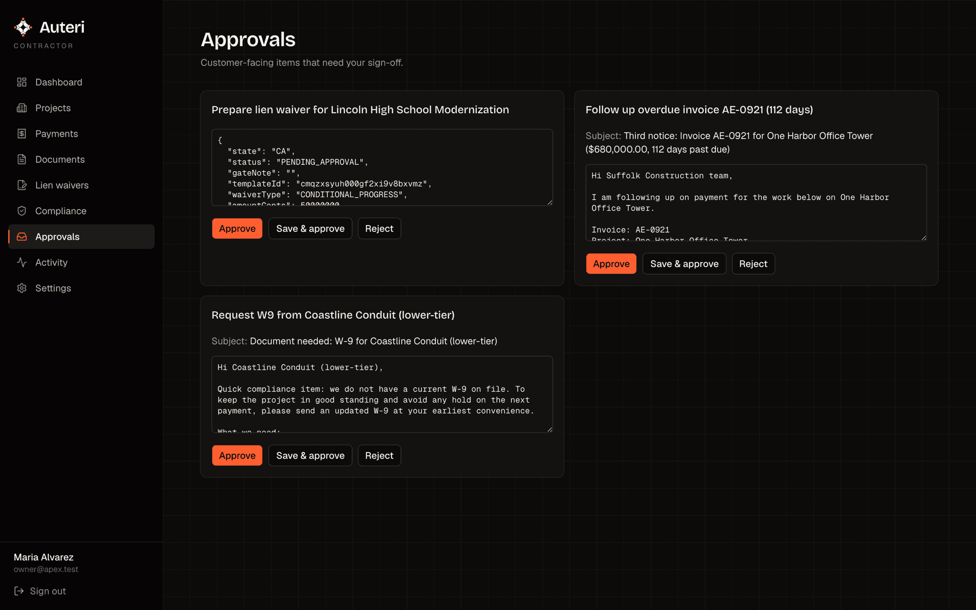 Approvals inbox with three agent-drafted items: an overdue-invoice follow-up, a lien waiver, and a W-9 request, each with approve, save and approve, and reject controls