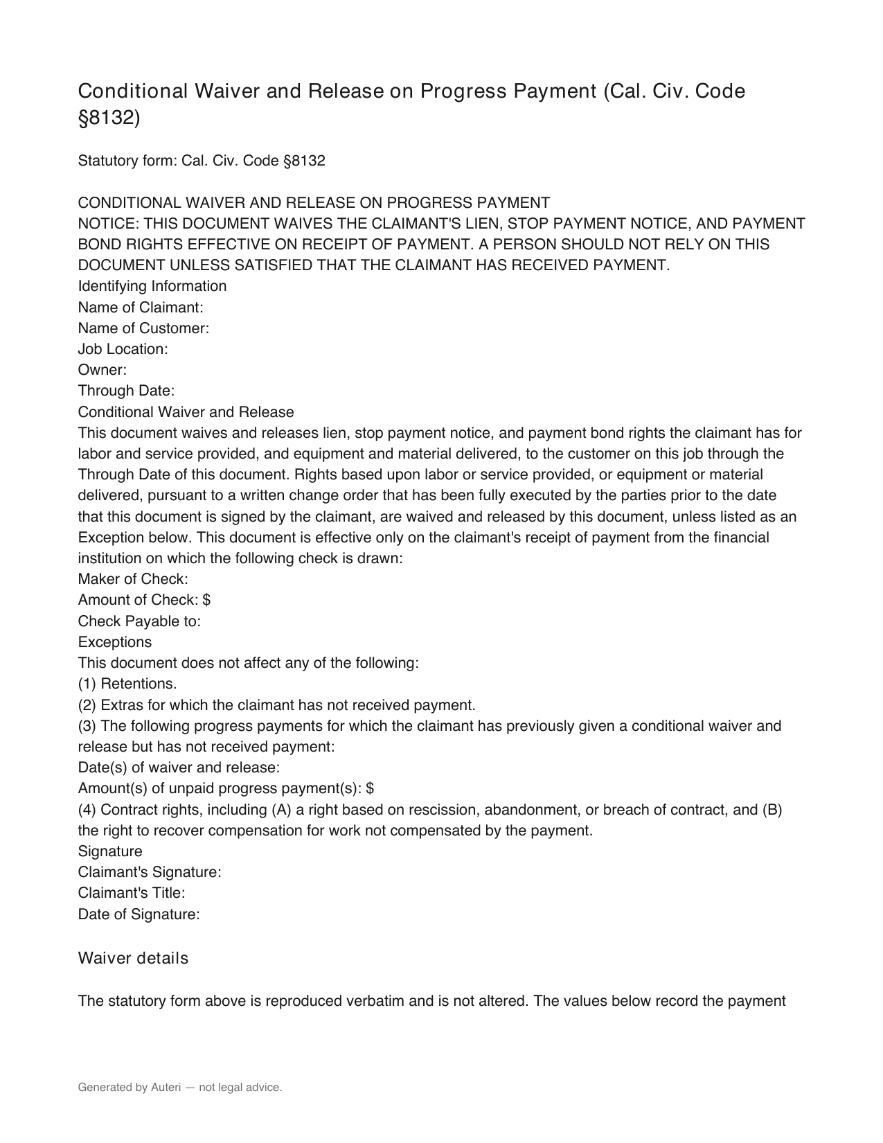 Generated California conditional waiver and release on progress payment, following the statutory form in Civil Code section 8132