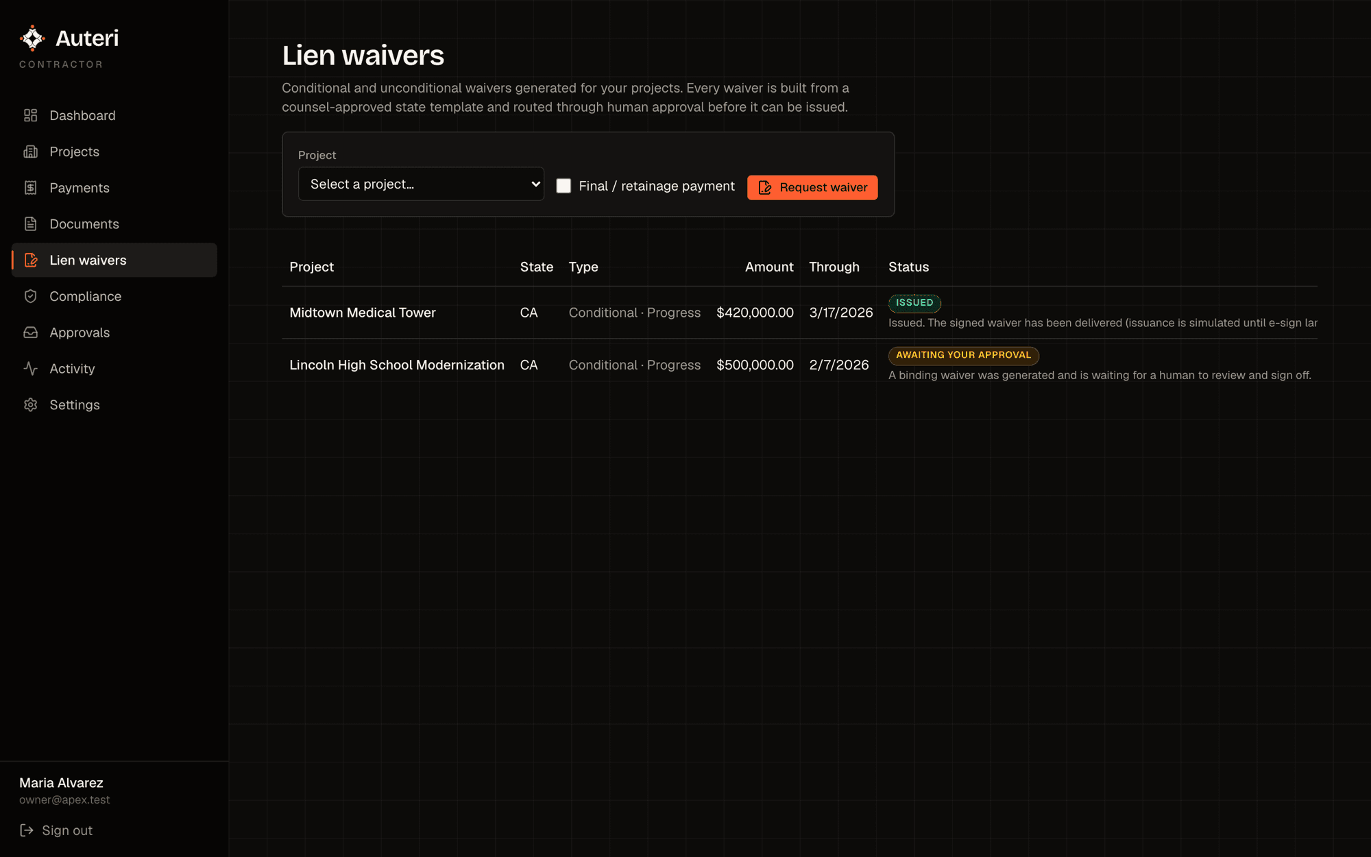 Lien waiver register listing waivers by project, state, type, amount, and status, one issued and one awaiting approval