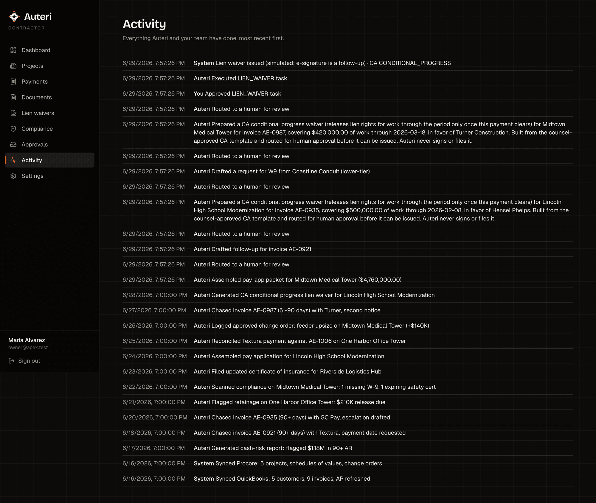 Activity ledger listing every agent action and human approval with timestamps, newest first