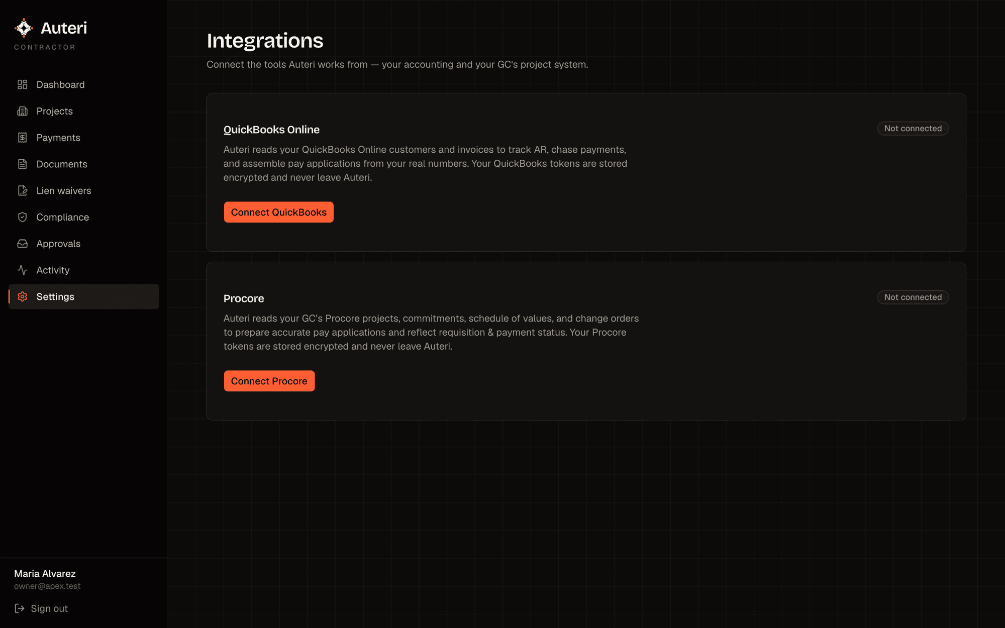 Integrations settings with connection cards for QuickBooks Online and Procore